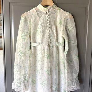 Pussycat Carla Jane Vintage 70s Victorian Prairie Floral Lace Maxi Dress,Cream,S